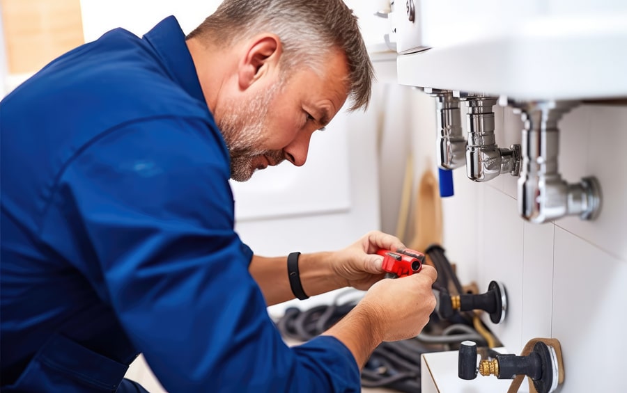 A skilled plumber repairing a water heater in a kitchen, showcasing their comprehensive plumbing expertise.
