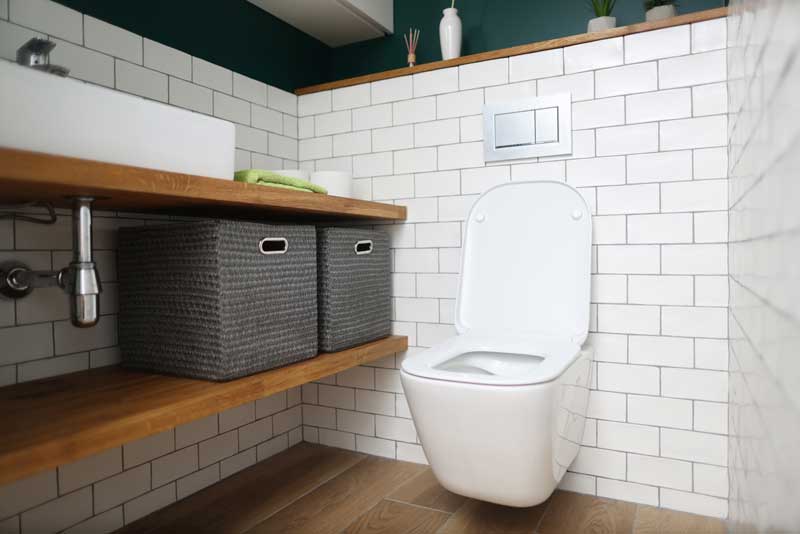 A bathroom with a toilet, sink, and shelves.