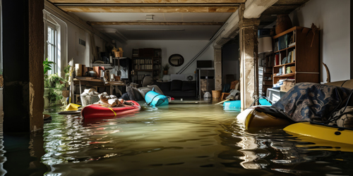 A house submerged in floodwater with kayaks and other belongings floating in the water.