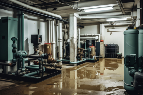 A flooded room with pipes and water, creating a chaotic scene of water damage and potential hazards.