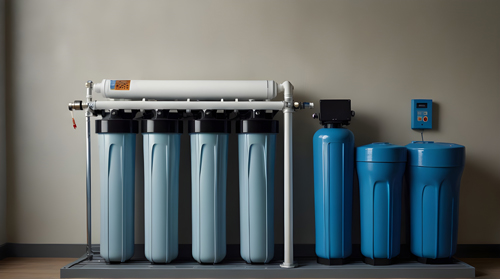 A water softener installed in a home, purifying and conditioning water to remove minerals and improve its quality.