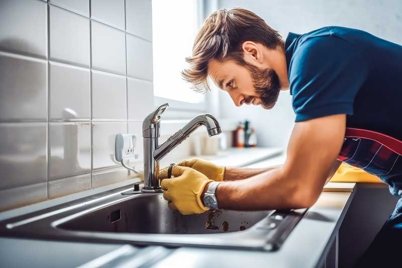 A man in a blue shirt and yellow gloves repairs a sink.