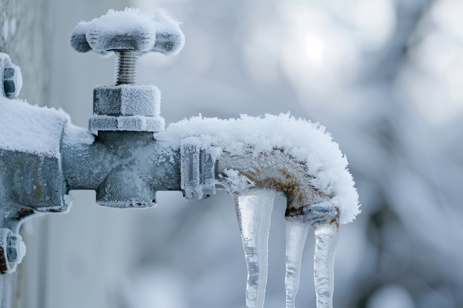 A frozen outdoor faucet covered in icicles and frost, highlighting the need for winter plumbing care