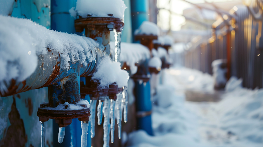Frozen pipes covered in snow and icicles in an industrial setting, highlighting the need for winter plumbing maintenance.