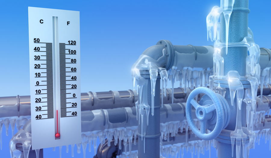 Frozen pipes with icicles and a thermometer showing below-freezing temperatures