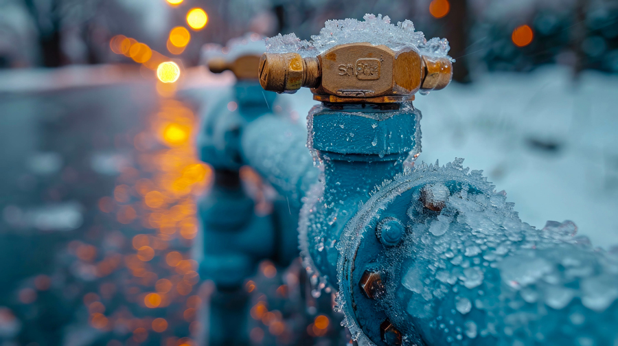 Frozen valve on an outdoor pipe with ice and frost