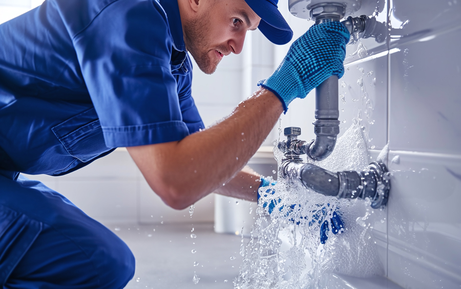 A professional plumber fixing a leaking pipe with water spraying out, showcasing prompt and effective leak repair