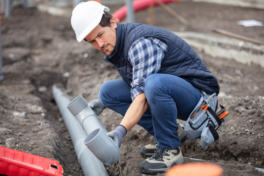 Plumber installing underground pipes at a construction site