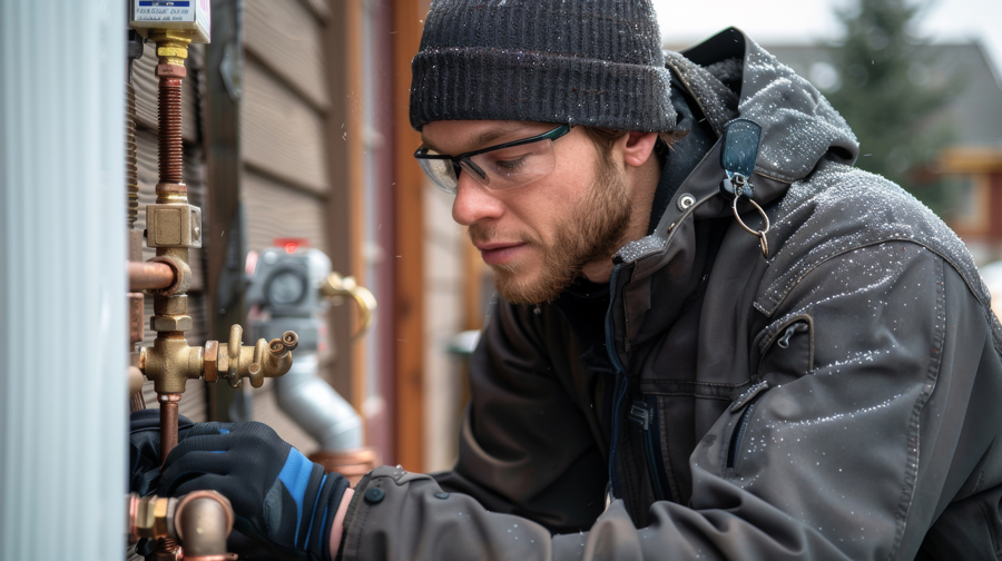 Plumber working on outdoor pipes in winter