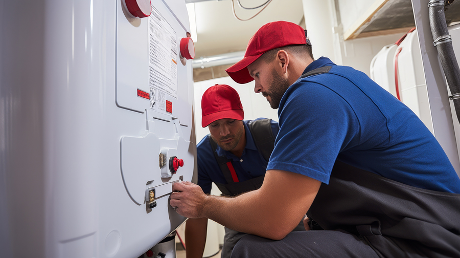 Two technicians in blue shirts and red hats repairing a water heater